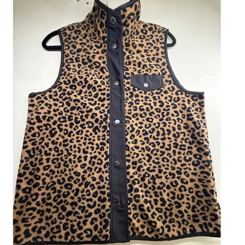C&C California Womens Leopard Print Fleece Vest Snap Front Brown Black Large